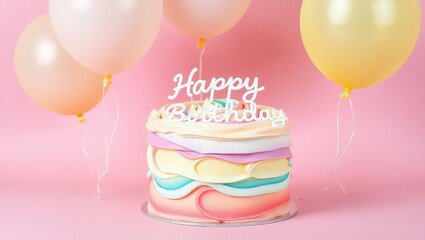 "Happy Birthday" Script Topper Adorns a Vibrant Striped Cake and Balloons
