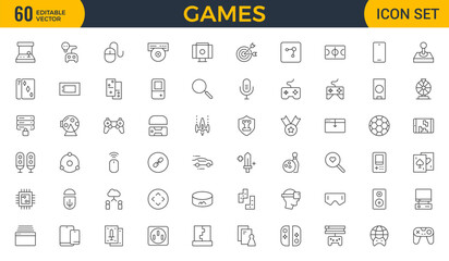 Games outline icon set. Gaming icon elements containing points and life bars, console, player, chess, multiplayer, casino and mobile game icons.video games, gaming, technology, gadget, esport.