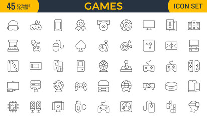 Games outline icon set. Gaming icon elements containing points and life bars, console, player, chess, multiplayer, casino and mobile game icons.video games, gaming, technology, gadget, esport.