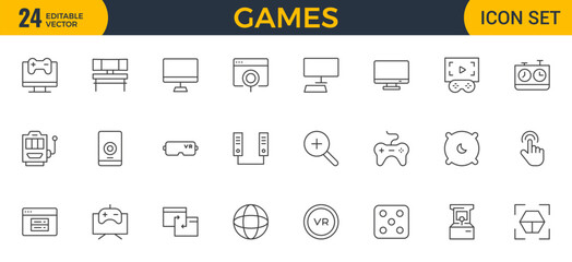 Games outline icon set. Gaming icon elements containing points and life bars, console, player, chess, multiplayer, casino and mobile game icons.video games, gaming, technology, gadget, esport.