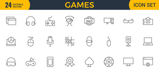 Games outline icon set. Gaming icon elements containing points and life bars, console, player, chess, multiplayer, casino and mobile game icons.video games, gaming, technology, gadget, esport.