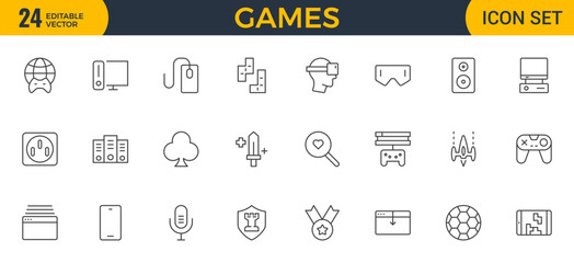 Games outline icon set. Gaming icon elements containing points and life bars, console, player, chess, multiplayer, casino and mobile game icons.video games, gaming, technology, gadget, esport.