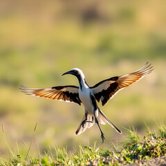 Fototapeta premium Pin-tailed Whydah A pin-tailed whydah performing an elaborate display dance on a sunlit savannah
