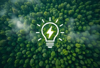 Renewable energy concept lightbulb with forest aerial view background
