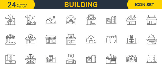 Set of outline icons related to buildings. Linear icon collection. Editable stroke. Vector illustration