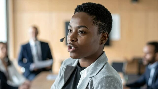 Confident Speaker in the Meeting: An African woman exudes confidence while speaking at a business conference, showcasing leadership skills and conveying authority.