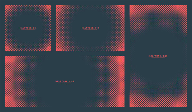 Round frame with checkered halftone texture in red and black color scheme. Vector set includes multiple screen formats: 1:1, 3:2, 21:9, 9:16. Perfect for apps, posters, eye-catching modern UI overlays