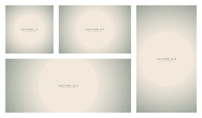 Wavy halftone pattern with round frames in soft guilloche style. Vector bundle includes popular screen formats 1:1, 3:2, 21:9, 9:16. Retro styled design deal for posters, overlays, prints or UI design