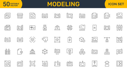 Set of Modeling outline icon set. Architectural planning icon collection. Planning, scheme, dimension, project, measurement, floor plan and more.