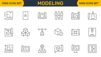 Set of Modeling outline icon set. Architectural planning icon collection. Planning, scheme, dimension, project, measurement, floor plan and more.