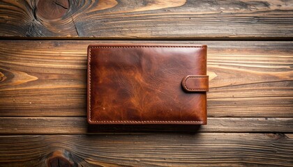 Fototapeta premium A brown leather wallet with a clasp is placed on a rustic wooden surface.