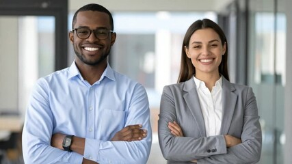 Confident Professionals: A striking image of two colleagues, both exuding confidence as they pose together in a modern office environment, arms crossed, conveying professionalism and collaboration. - Powered by Adobe