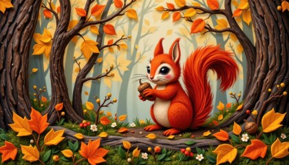 a wool felt art depicting a curious red squirrel holding an acorn in a forest filled with golden leaves