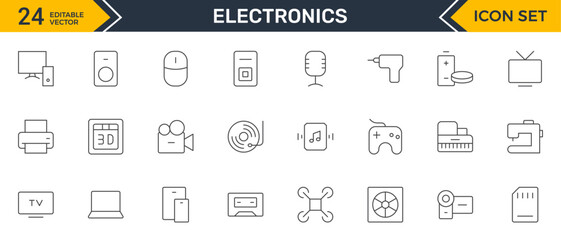 Set of Electronics outline icons. Vector illustration include icon - hardware, keyboard, disk, hvac, kitchen appliances, headphones, router, chip, computer outline pictogram for home devices.