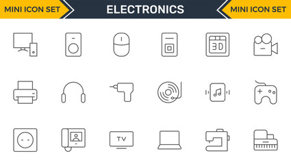 Set of Electronics outline icons. Vector illustration include icon - hardware, keyboard, disk, hvac, kitchen appliances, headphones, router, chip, computer outline pictogram for home devices.