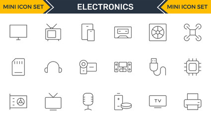 Set of Electronics outline icons. Vector illustration include icon - hardware, keyboard, disk, hvac, kitchen appliances, headphones, router, chip, computer outline pictogram for home devices.