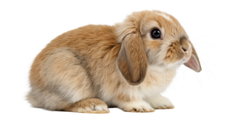 A baby Holland Lop rabbit sitting adorably on a clean white background, facing forward with its soft, rounded face and floppy ears clearly visible.