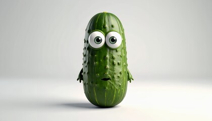 A worried cartoon cucumber stands against a plain background.