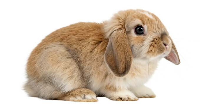 A baby Holland Lop rabbit sitting adorably on a clean white background, facing forward with its soft, rounded face and floppy ears clearly visible. - Powered by Adobe