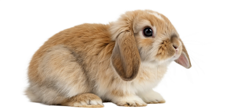 A baby Holland Lop rabbit sitting adorably on a clean white background, facing forward with its soft, rounded face and floppy ears clearly visible.