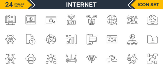 Set of outline icons related to internet. Linear icon collection. Editable stroke. Vector illustration