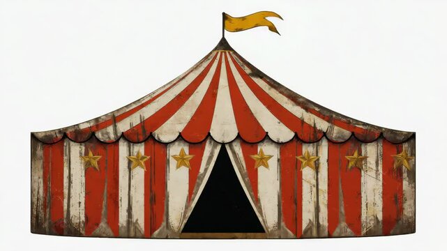 A circus tent with red and white stripes and a yellow flag. The tent is old and worn, but still stands out as a symbol of fun and excitement