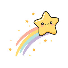 Kawaii Shooting Star with Rainbow Trail, Cute Cartoon Illustration