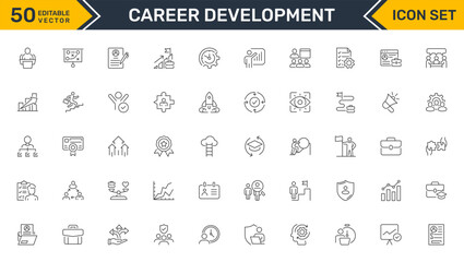 Set of outline icons related to career development. Linear icon collection. Editable stroke. Vector illustration