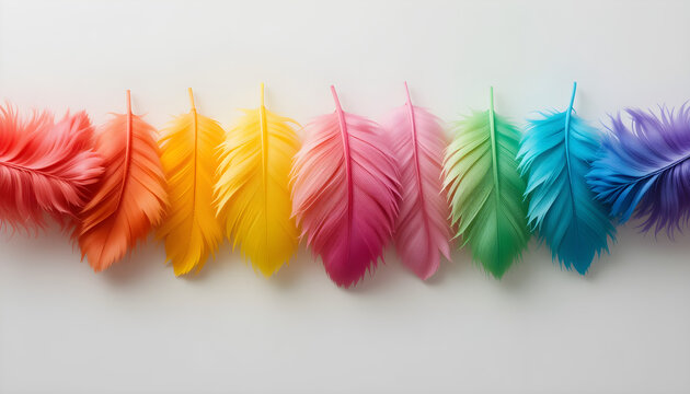 Rainbow Colored Feathers Arranged in a Row