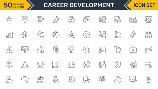 Set of outline icons related to career development. Linear icon collection. Editable stroke. Vector illustration