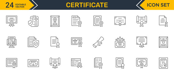 Set of outline icons related to certificate. Linear icon collection. Editable stroke. Vector illustration