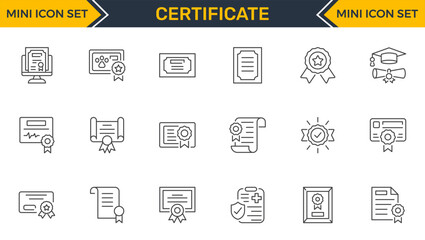 Set of outline icons related to certificate. Linear icon collection. Editable stroke. Vector illustration