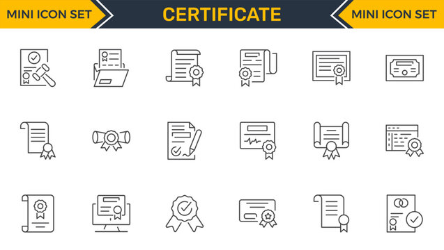 Set of outline icons related to certificate. Linear icon collection. Editable stroke. Vector illustration