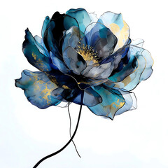 Ink Watercolor Bloom of Blue Flower on White Digital Illustration