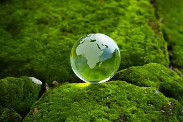 Environmental concept - Crystal Earth on green moss in forest to protect nature. Environmental care, Ecology, Earth Day.