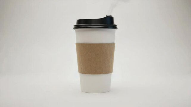 A disposable paper coffee cup. The steam suggests the contents are hot.