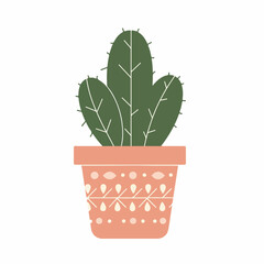 Obraz premium Cute cactus in terracotta pot with ethnic pattern. Potted cactus plant with three succulent pads, detailed spines, and decorative pot. Illustration of houseplant for gardening blogs and websites.