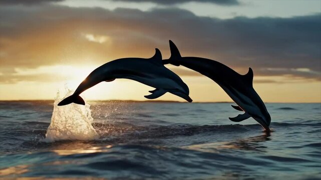 Two dolphins leaping gracefully at sunset.  Silhouettes against a vibrant golden sunset