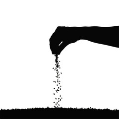 Hand sowing seeds onto soil. Planting seeds is essential step in gardening process. Simple silhouette image perfect for gardening blogs or educational materials about seed planting.