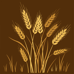 Golden wheat ears on brown background. Ripe wheat stalks, symbols of harvest and abundance.  Detailed illustration of wheat for design projects related to agriculture, bread production, or gardening.