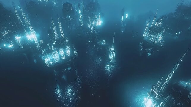 Futuristic metropolis submerged underwater with gleaming structures amidst murky waters