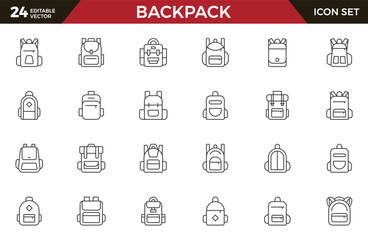 Set of outline Backpack icon set. Collection of high quality black outline logo for web site design and mobile apps. Vector illustration on a white background.