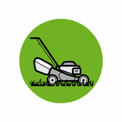 Fototapeta premium Lawnmower on green grass, gardening equipment for lawn care, showing simple design and functionality. This image depicts a classic lawnmower ready to cut grass,