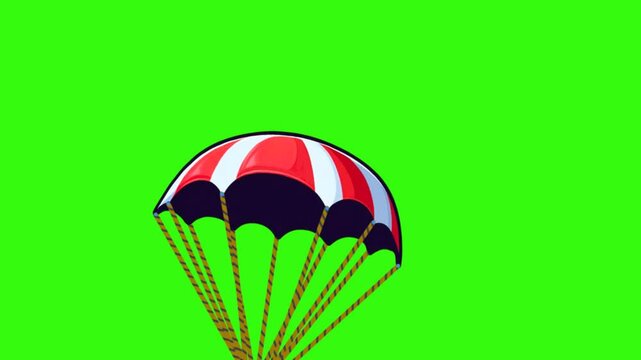 cute cat parachutist carrying money box on green screen