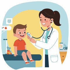 Obraz premium Happy child at pediatrician appointment. Doctor checking temperature with digital thermometer. Friendly pediatrician examines boy during checkup.