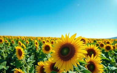 Fototapeta premium Sunflower field wallpaper in seamless floral pattern. Vivid yellow blooms, clear blue sky, DSLR clarity, soft lighting, no vignette, no people, perfect for high-resolution use.