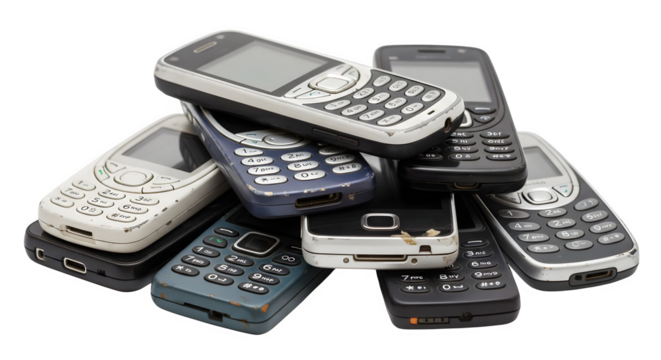 A pile of old mobile phones with keypads and screens stacked on top of each other isolated on white background, tarensparent background, png, jpg,jpeg,  on transparent background