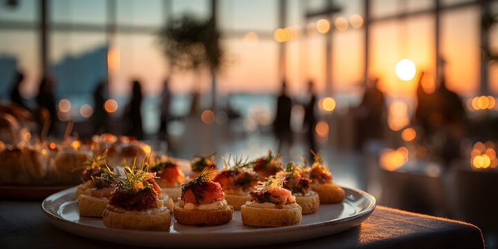 Gourmet canapés platter in sharp focus. In the soft background, silhouettes mingle at a corporate event by a sunset window, creating a warm bokeh.