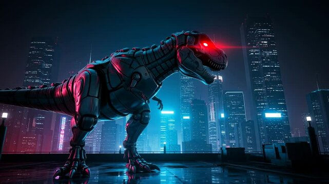 A robotic Tyrannosaurus rex stands in a futuristic cityscape at night. The dinosaur has glowing red eyes and metallic features, surrounded by tall buildings and neon lights.