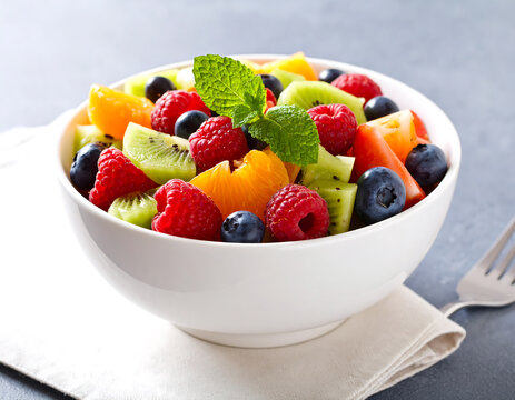 Fresh fruit salad in white bowl with mint